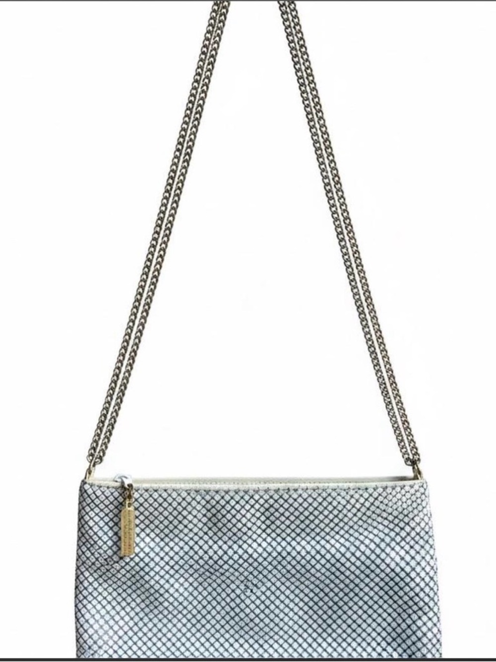 Whiting & Davis Metallic White  Mesh Crossbody with Double Chain